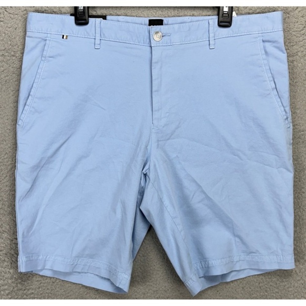 Hugo Boss Mens Khakis Shorts 38 Blue Slice Slim Fit Chino Stretch Flat Front NEW